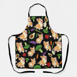 Cute Corgi and Vegetables Food Pattern Black Apron