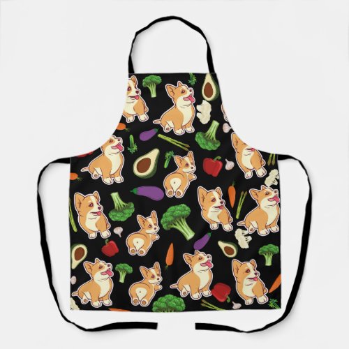 Cute Corgi and Vegetables Food Pattern  Black Apron