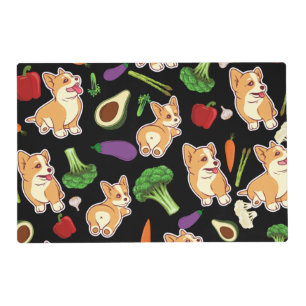 Cute Corgi and Vegetables Food Pattern Black Placemat