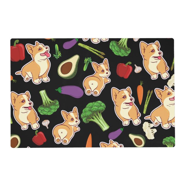 Cute Corgi and Vegetables Food Pattern Black Placemat (Front)