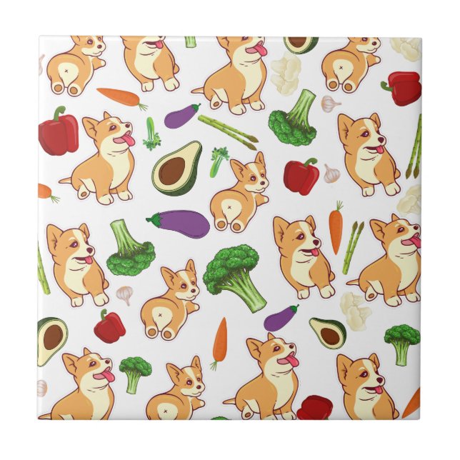 Cute Corgi and Vegetables Food Pattern Ceramic Tile (Front)