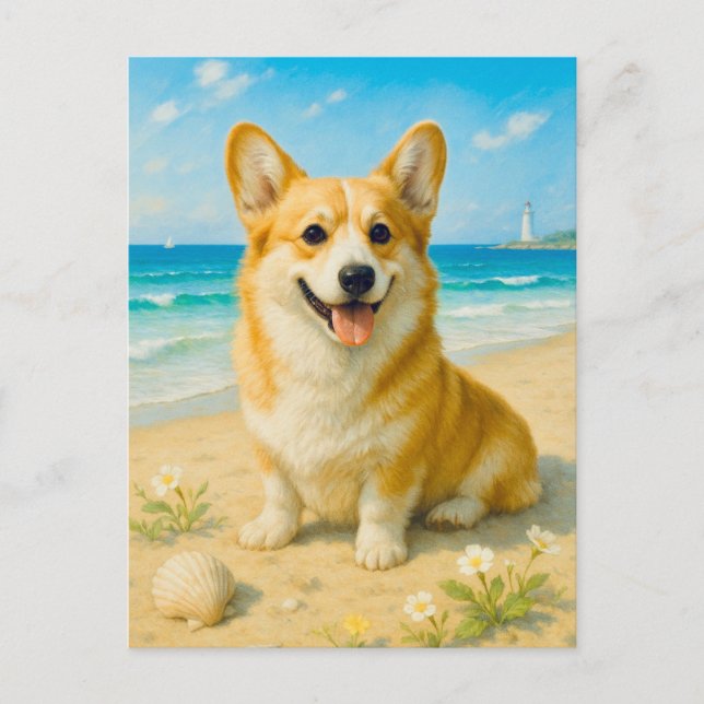 Cute Corgi Beach Lighthouse Welsh Queen Postcard (Front)