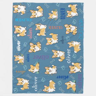 Cute Corgi Bones and Hearts with Name Fleece Blanket