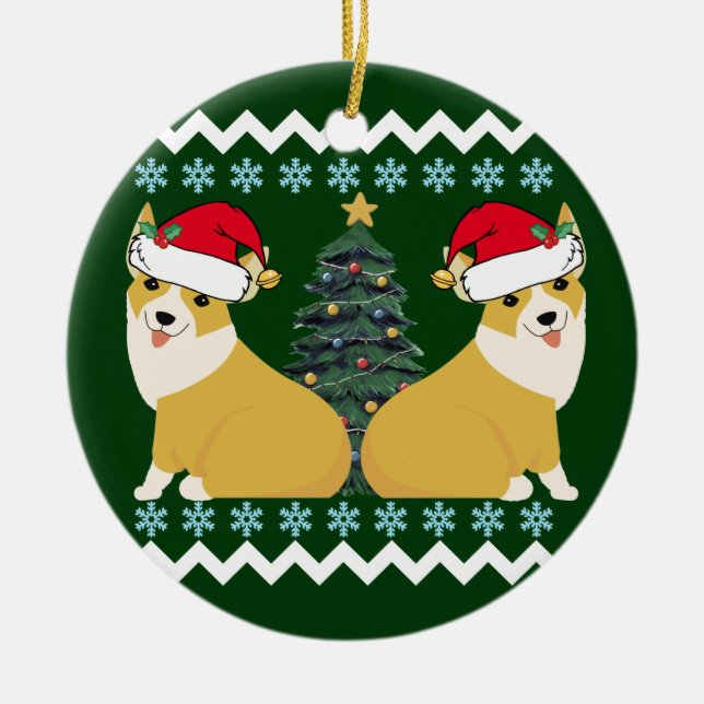 Cute Corgi Christmas Santa Ceramic Ornament (Front)