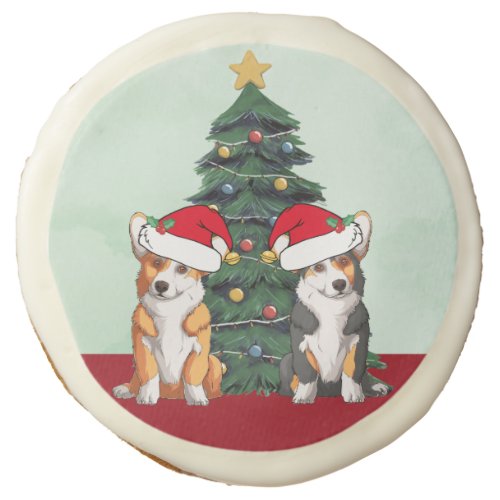 Cute Corgi Christmas Tree Dog Santa Hat Sugar Cookie