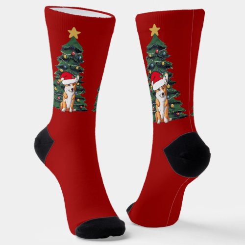 Cute Corgi Christmas Tree Red Holiday Socks