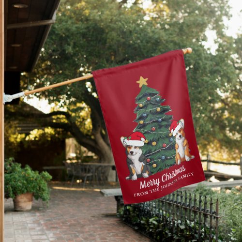 Cute Corgi Christmas Tree Red Personalized Family House Flag