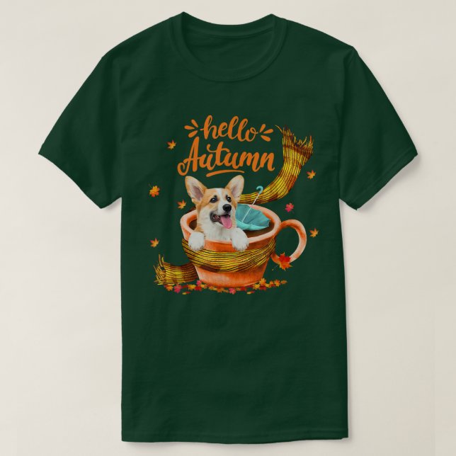 Cute Corgi Coffee Cup Hello Autumn  T-Shirt (Design Front)