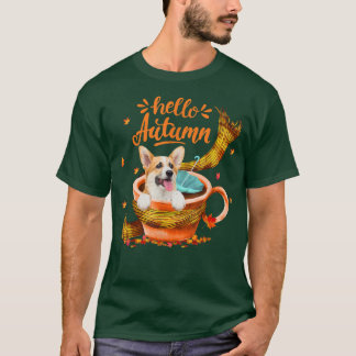 Cute Corgi Coffee Cup Hello Autumn  T-Shirt