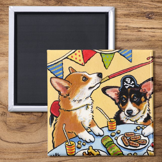 Cute Corgi Dog Birthday Party Puppy Square Magnet (Creator Uploaded)
