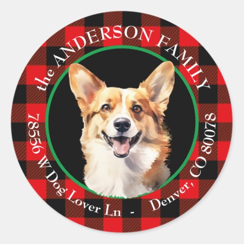 Cute Corgi Dog Buffalo Plaid Return Address Classic Round Sticker