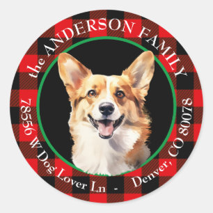 Cute Corgi Dog Buffalo Plaid Return Address Classic Round Sticker