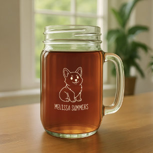 Cute Corgi Dog Custom Name Mason Jar W/ Handle