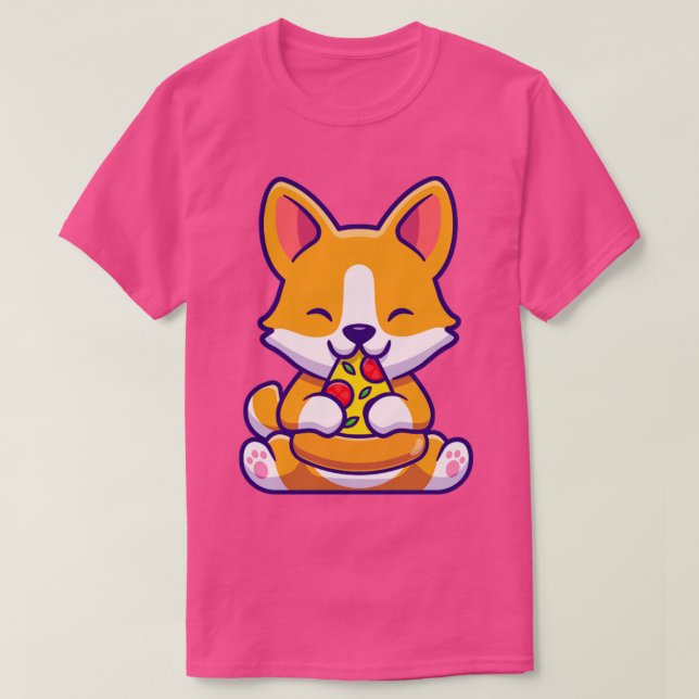 Cute Corgi Dog Eating Pizza T-Shirt (Design Front)
