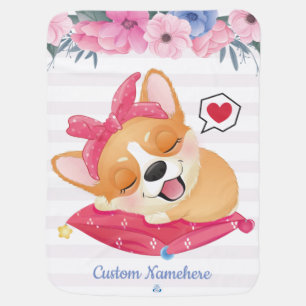 Cute Corgi Dog Flower Wreath Blue Butterfly Custom Baby Blanket