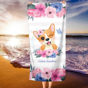 Cute Corgi Dog Flower Wreath Blue Butterfly Custom Beach Towel