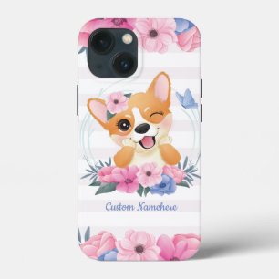 Cute Corgi Dog Flower Wreath Blue Butterfly Custom iPhone 13 Mini Case