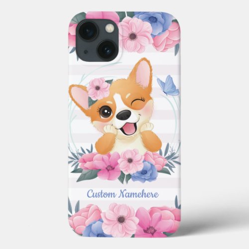 Cute Corgi Dog Flower Wreath Blue Butterfly Custom iPhone 13 Case