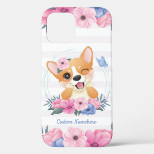 Cute Corgi Dog Flower Wreath Blue Butterfly Custom iPhone 12 Pro Case