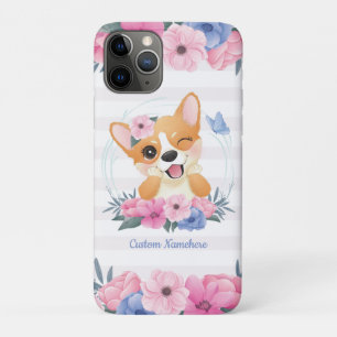Cute Corgi Dog Flower Wreath Blue Butterfly Custom iPhone 11 Pro Case
