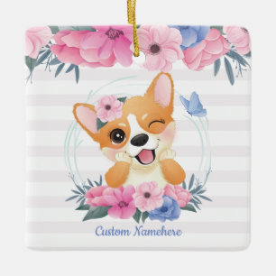 Cute Corgi Dog Flower Wreath Blue Butterfly Custom Ceramic Ornament