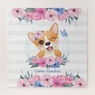 Cute Corgi Dog Flower Wreath Blue Butterfly Custom Jigsaw Puzzle