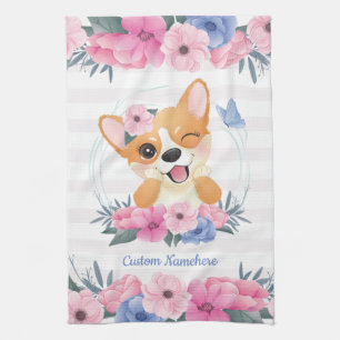 Cute Corgi Dog Flower Wreath Blue Butterfly Custom Kitchen Towel