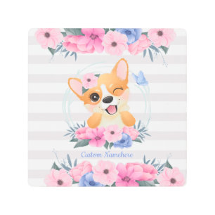 Cute Corgi Dog Flower Wreath Blue Butterfly Custom Metal Print