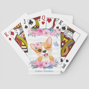 Cute Corgi Dog Flower Wreath Blue Butterfly Custom Poker Cards