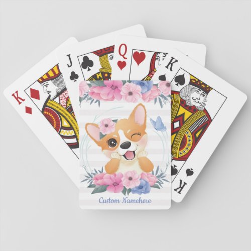 Cute Corgi Dog Flower Wreath Blue Butterfly Custom Poker Cards