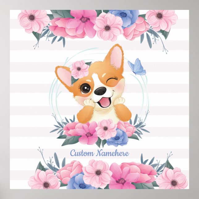 Cute Corgi Dog Flower Wreath Blue Butterfly Custom Poster (Front)