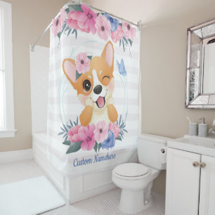 Cute Corgi Dog Flower Wreath Blue Butterfly Custom Shower Curtain