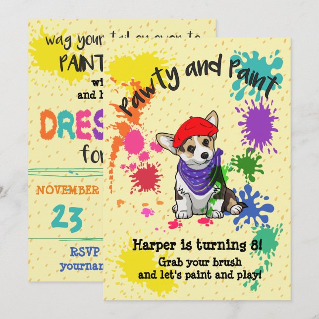 Cute Corgi Dog Fun Art Birthday Party Invitation (Front/Back)