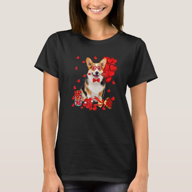 Cute Corgi Dog Funny Heart Valentine's Day Dog Mom T-Shirt (Front)