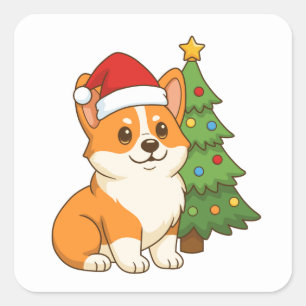 Cute Corgi Dog in a Red Hat with Christmas Tree 2 Square Sticker