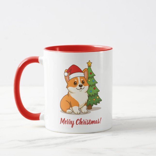 Cute Corgi Dog in a Red Hat with Christmas Tree Mug (Left)