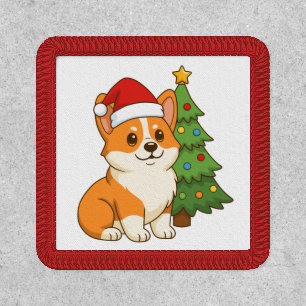 Cute Corgi Dog in a Red Hat with Christmas Tree Patch