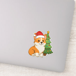 Cute Corgi Dog in a Red Hat with Christmas Tree Sticker