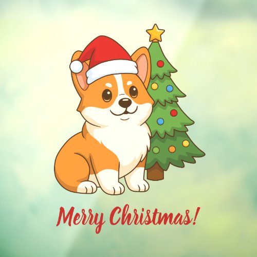 Cute Corgi Dog in a Red Hat with Christmas Tree Window Cling