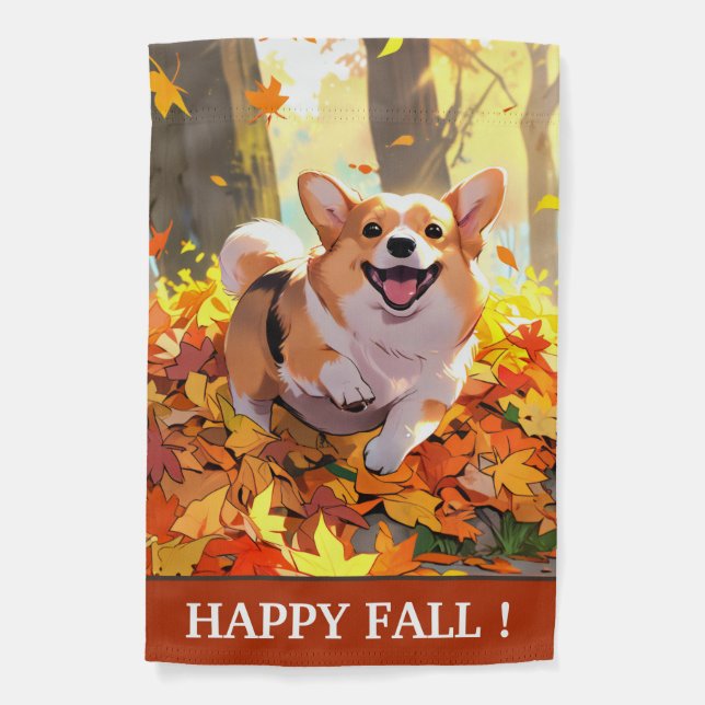 Cute Corgi Dog in Autumn Leaves Happy Fall Garden Flag (Front)