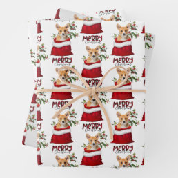 Cute Corgi Dog in Holiday Gift Bag Wrapping Paper Sheets