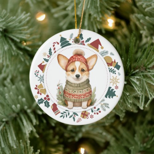 Cute Corgi Dog in Winter Sweater Christmas Ceramic Ornament