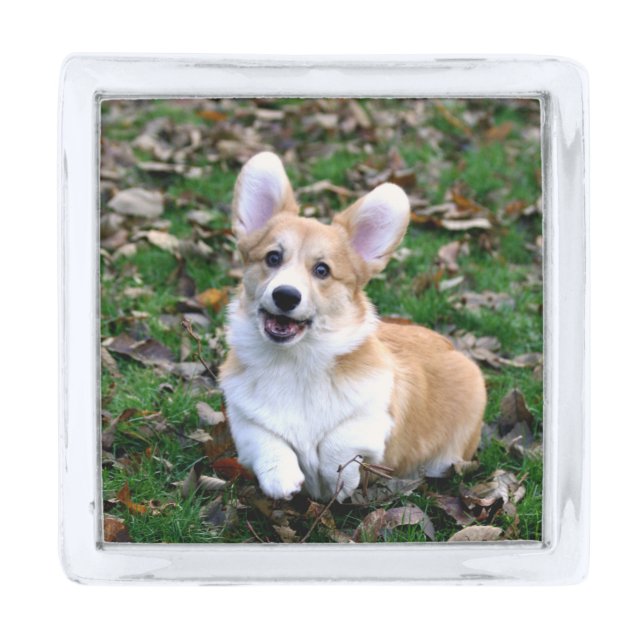 Cute Corgi Dog Leaping Silver Finish Lapel Pin (Front)