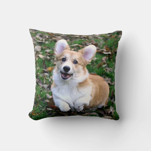 Cute Corgi Dog Leaping Throw Pillow (Front)