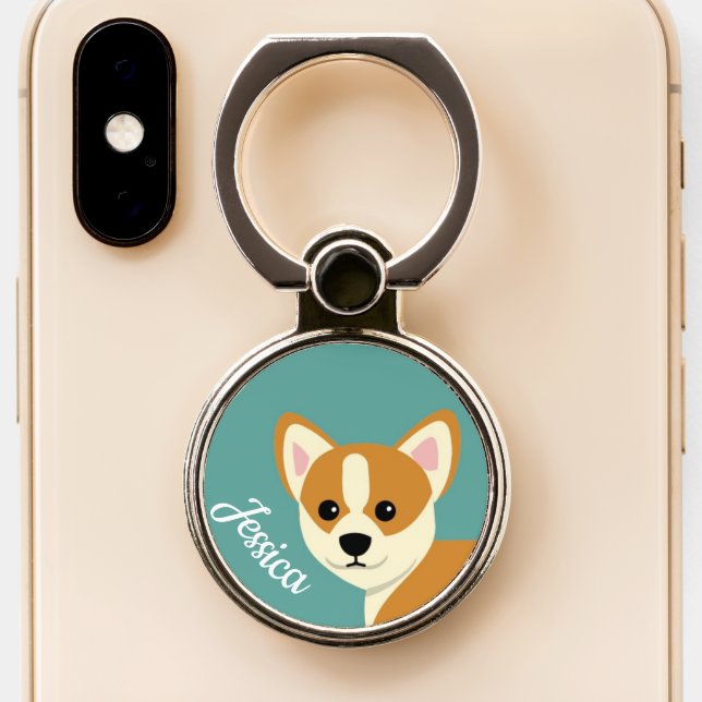 Cute Corgi Dog Lover Personalised Phone Ring Stand (Close Up)