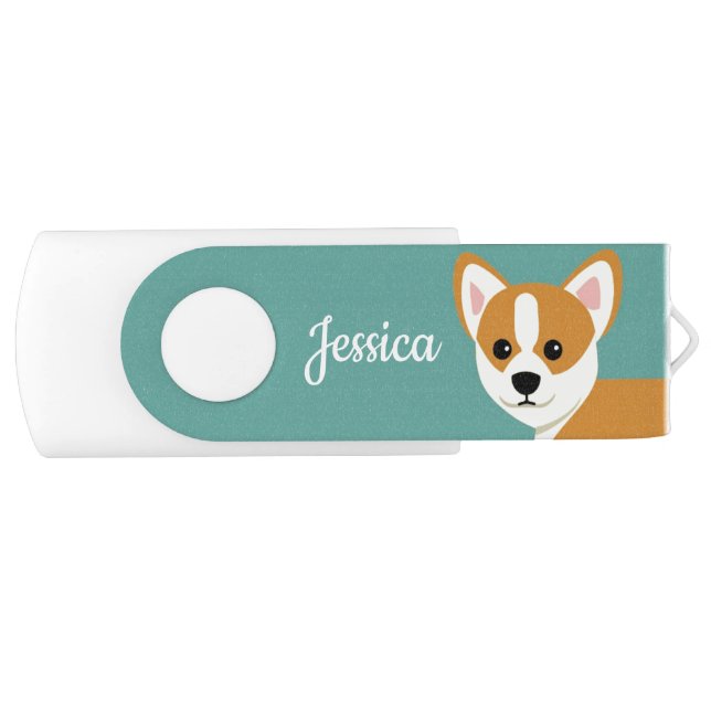 Cute Corgi Dog Lover Teal Personalised Flash Drive (Front)