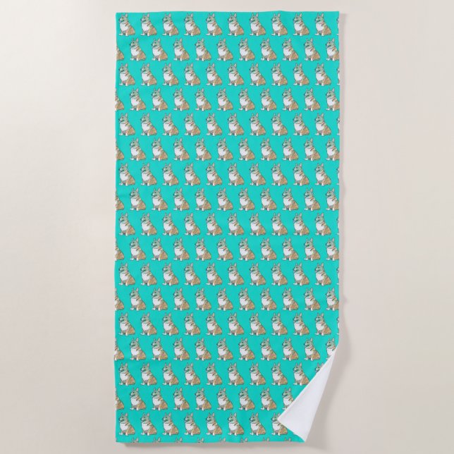 Cute Corgi dog pattern on Turquoise Background Beach Towel (Front)