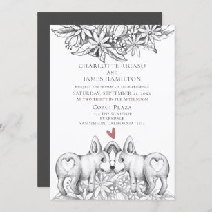 Cute Corgi Dog Pencil Drawing Wedding Invitation