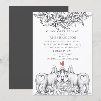 Cute Corgi Dog Pencil Drawing Wedding Invitation