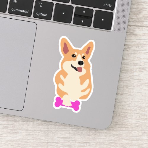 Cute Corgi Dog Play with Pink Bone Toy Sticker